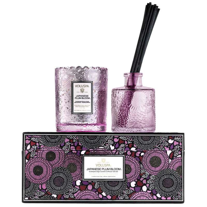 Japanese Plum Bloom - Scalloped Edge Candle & Reed Diffuser Gift Set - view 1
