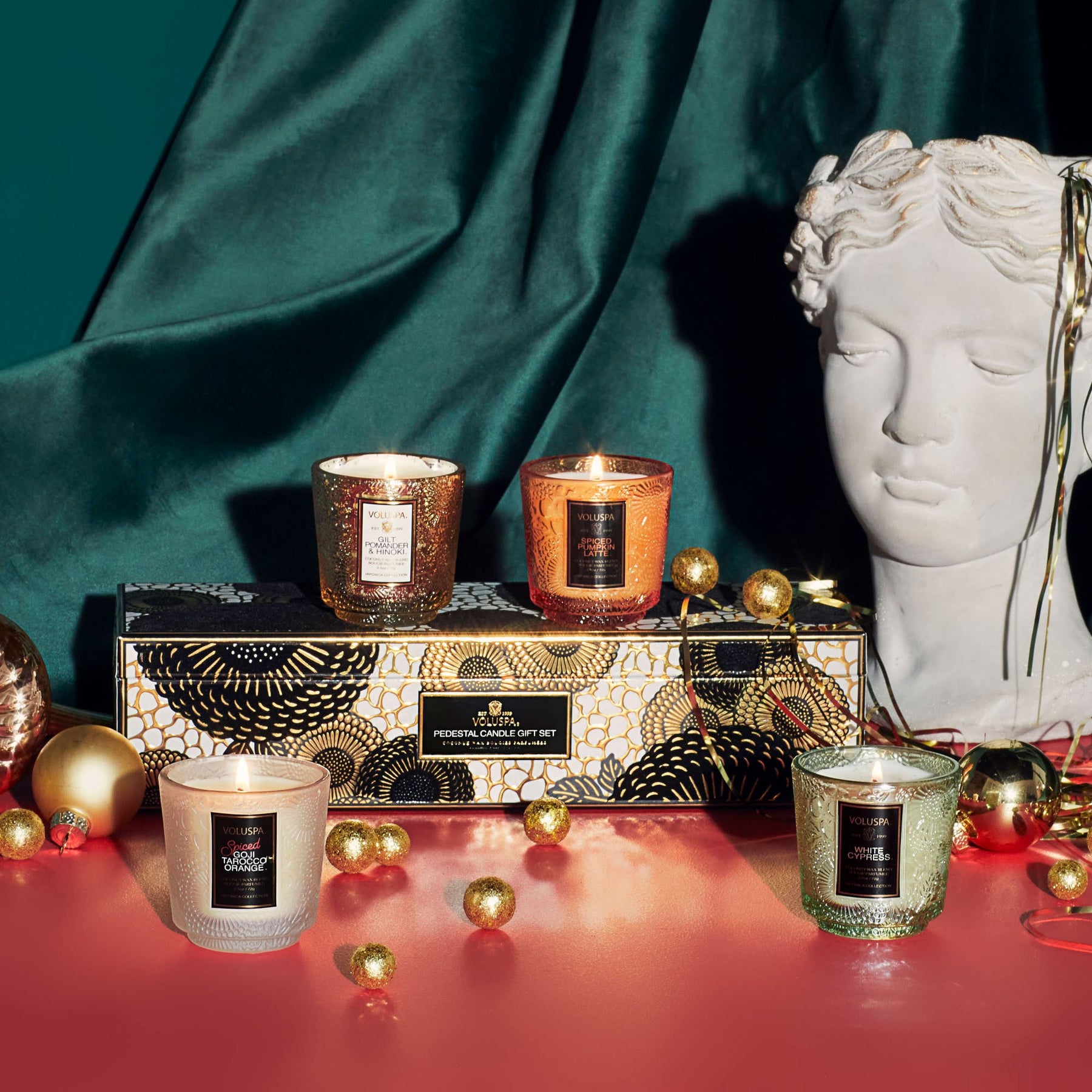 Japonica Holiday - 4 Petite Pedestal Candle Gift Set